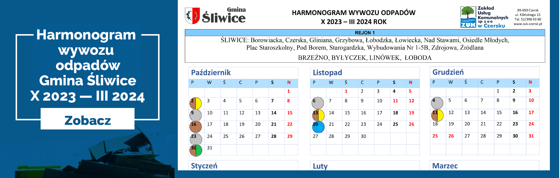 Harmonogram Wywozu Odpadów Komunalnych Gmina Śliwice 01.10.2023 - 31.03.2024
